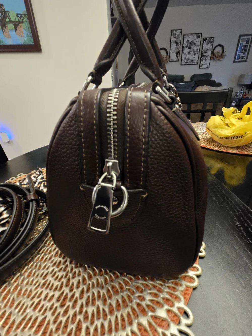 Coach Dark Brown Pebbled Leather Satchel with Scarf Accent